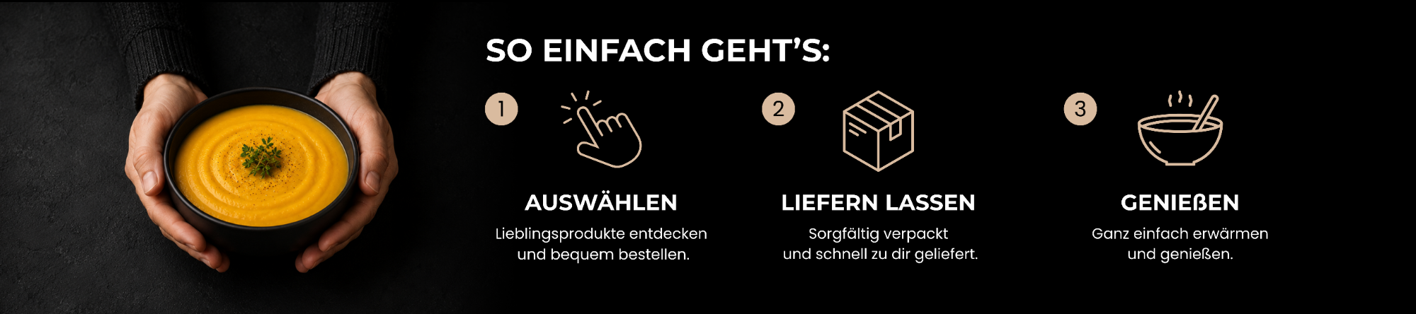 Hände halten eine Schale mit orangefarbener Suppe und drei dazugehörigen Zutaten.